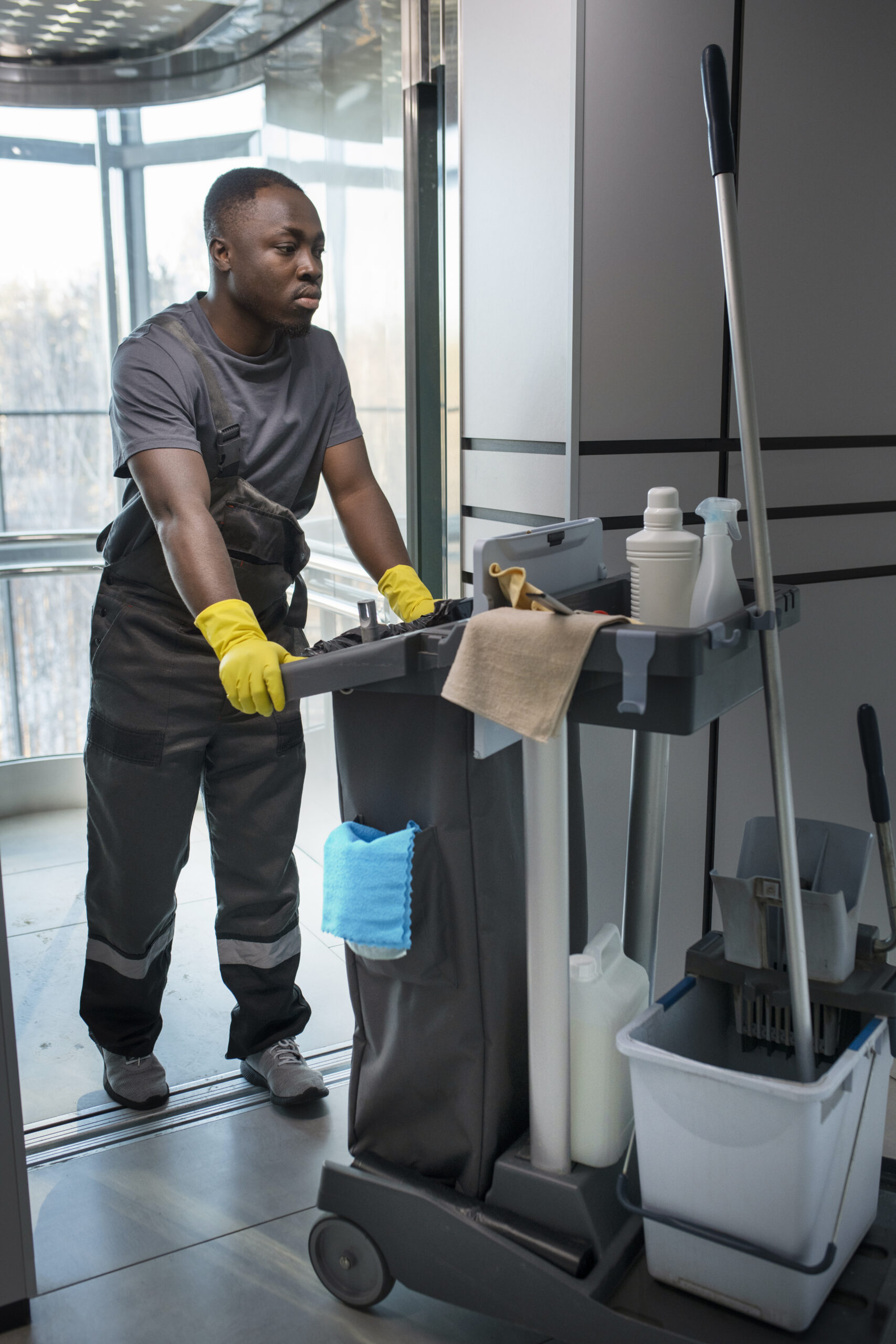 full-shot-man-walking-with-cleaning-cart